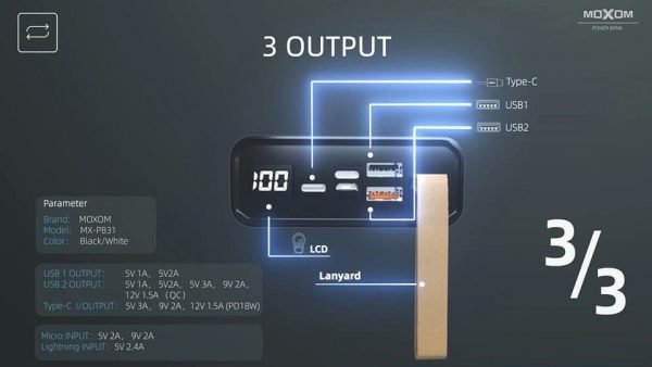 خازن باور بنك 30000mAh موكسوم QC3.0 خازن باور بنك 30000mAh موكسوم QC3.0