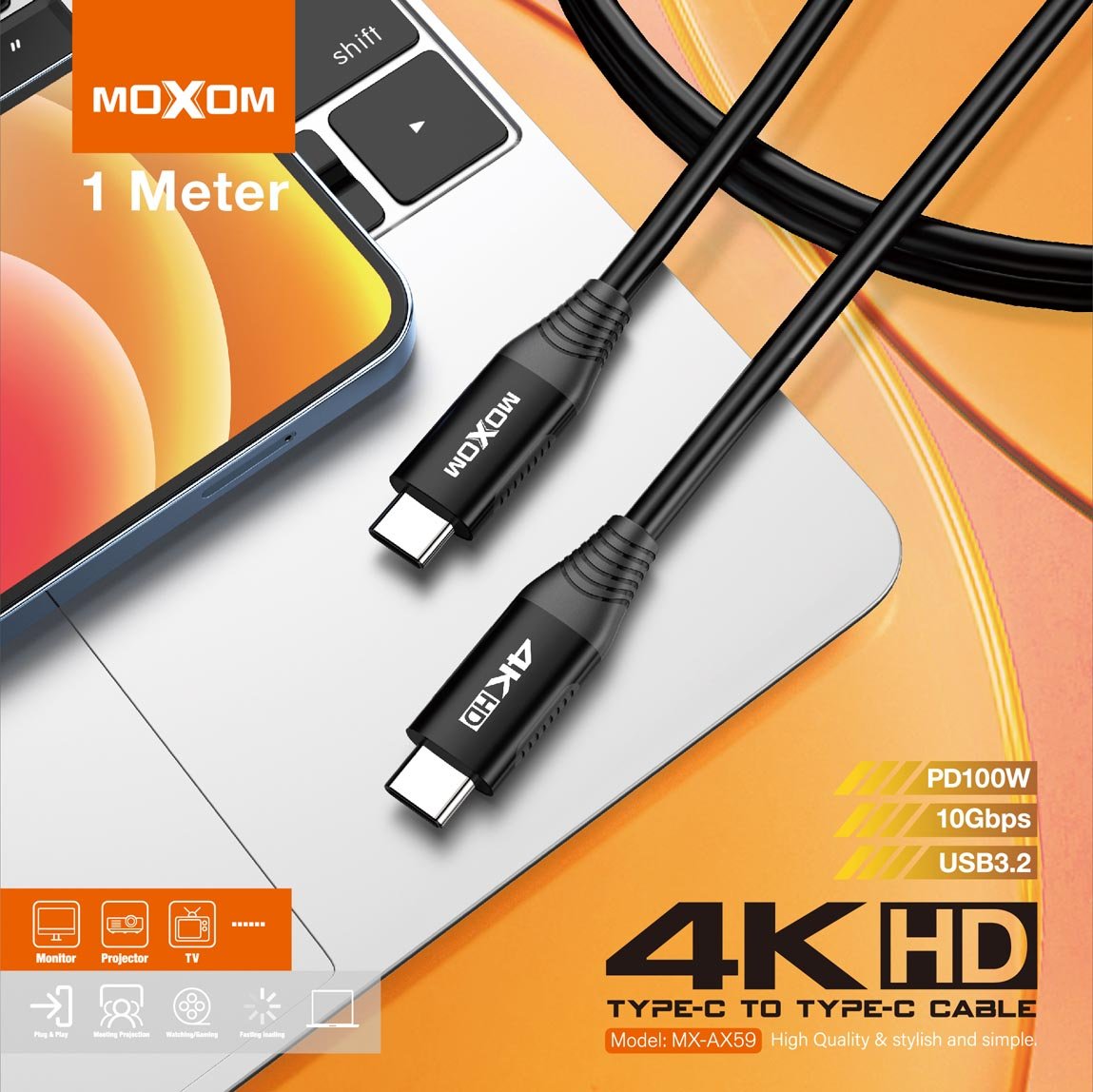 كابل شحن وبيانات MOXOM 4K Type-C 1م كابل شحن وبيانات MOXOM 4K Type-C 1م