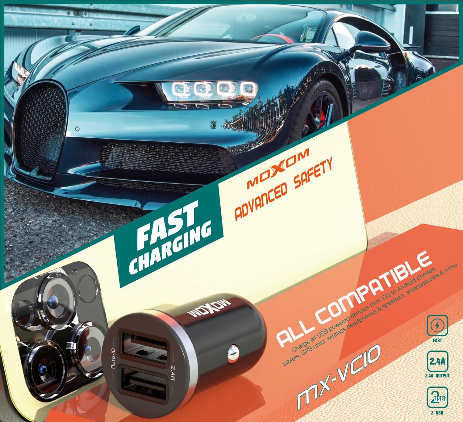 شاحن سيارة موكسوم MX-VC10 سريع مزدوج شاحن سيارة موكسوم MX-VC10 سريع مزدوج